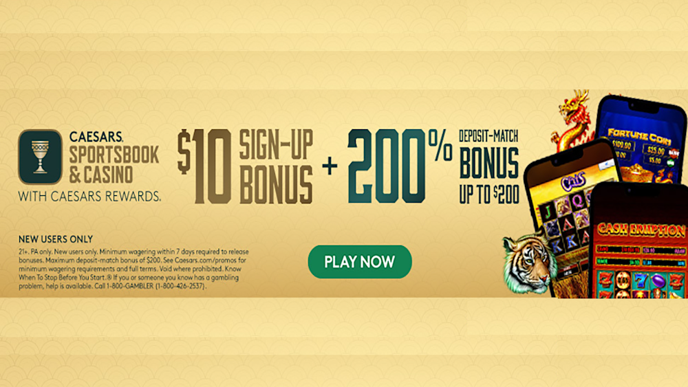 Caesars Casino PA $10 No Deposit Bonus + 200% Deposit Match up to $200