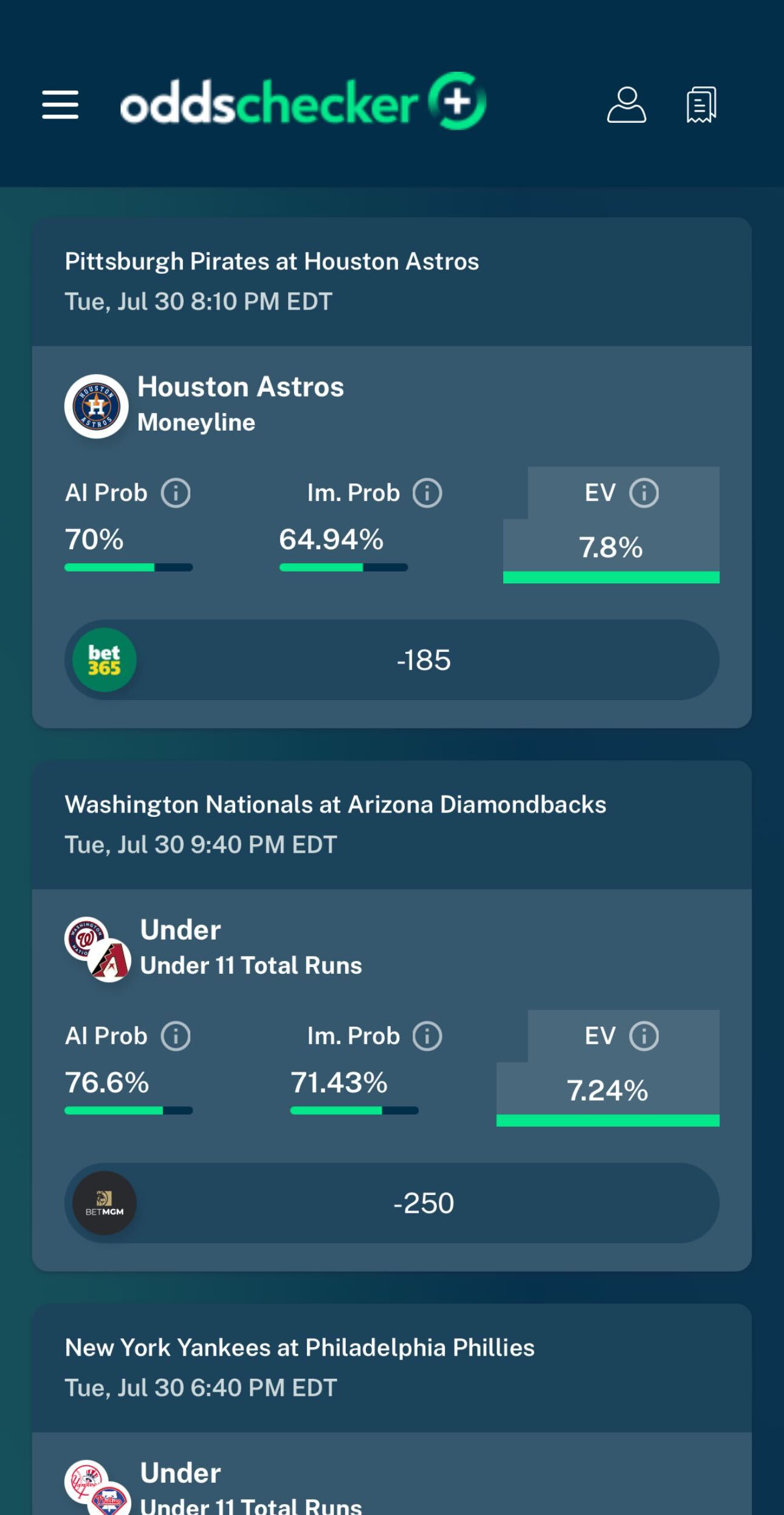 7/30 Positive EV Pick Astros