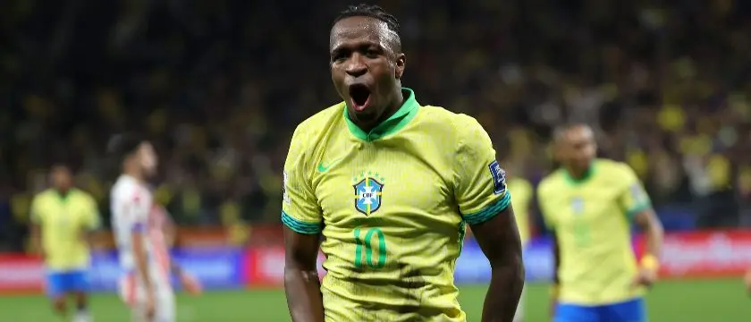 vini jr goal celebration brazil v paraguay