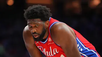 Joel Embiid 76ers hands on knees