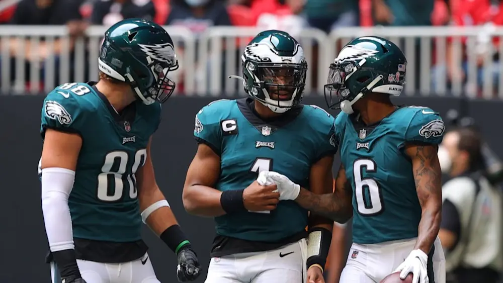 Jalen Hurts, DeVonta Smith, and Dallas Goedert Eagles